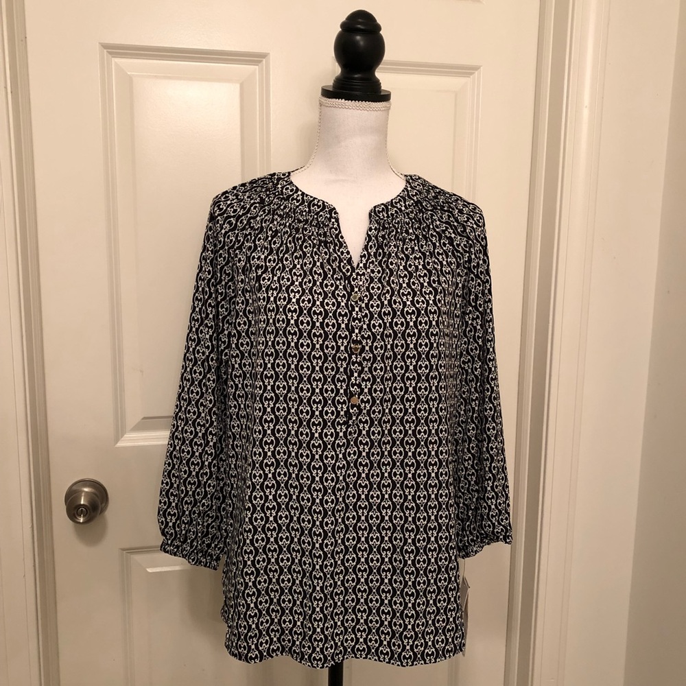 NWT Danna Buchman 3/4 sleeve printed blouse size L